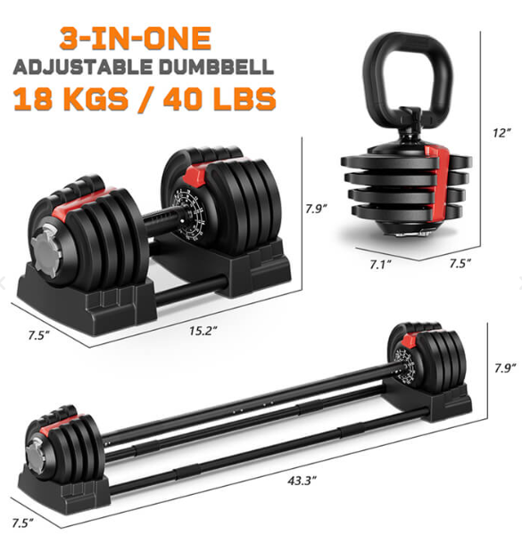 Burnlab Shift 3-in-1 Weight Training Kit - Converts to Dumbbell, Kettlebell & Barbell